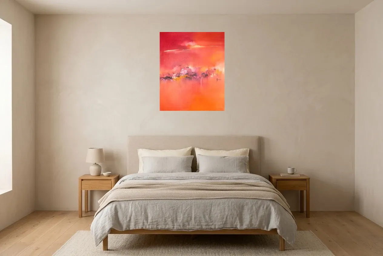 Tableau Abstrait Rouge 160 “Vent Ardent”, peinture originale à l'huile par Régine Gardan, 60 × 73 cm, tableau rouge accroché dans une chambre