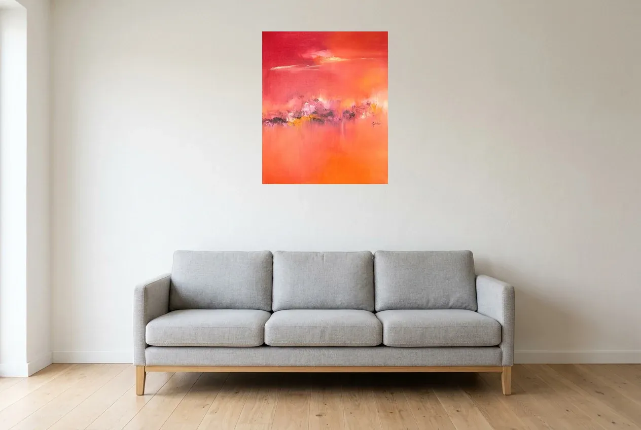 Tableau Abstrait Rouge 160 “Vent Ardent”, peinture originale à l'huile par Régine Gardan, 60 × 73 cm, tableau rouge accroché dans un salon