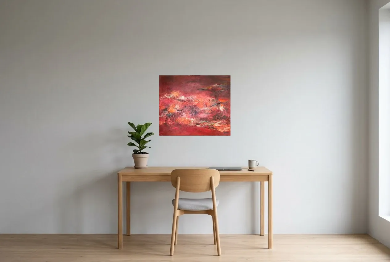 Tableau Abstrait Rouge 161 “Ébullition”, peinture originale à l'huile par Régine Gardan, 64 × 54 cm, tableau rouge accroché dans un bureau