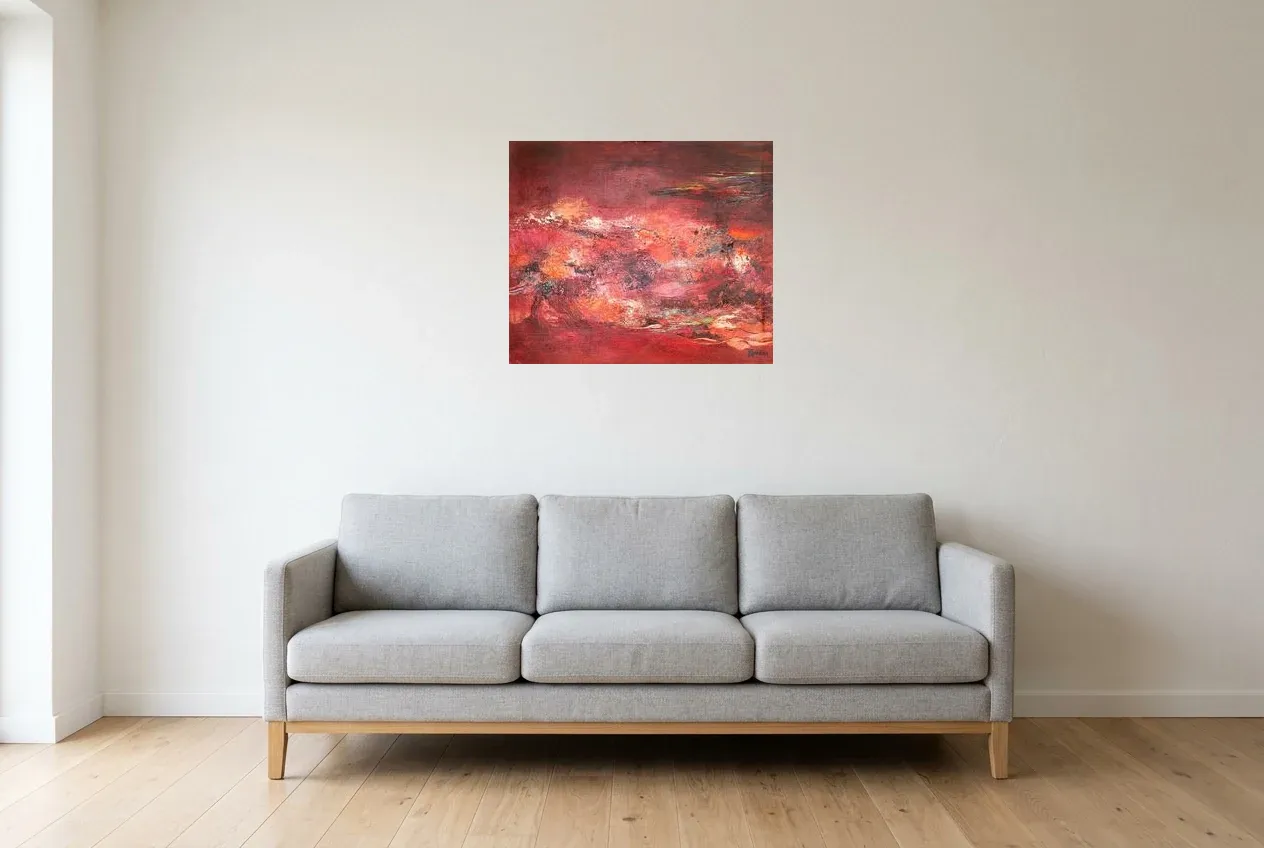 Tableau Abstrait Rouge 161 “Ébullition”, peinture originale à l'huile par Régine Gardan, 64 × 54 cm, tableau rouge accroché dans un salon