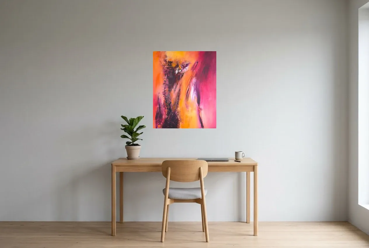 Tableau Abstrait Rouge 166 “Tour des Contrastes”, peinture originale à l'huile par Régine Gardan, 60 × 73 cm, tableau rouge accroché dans un bureau