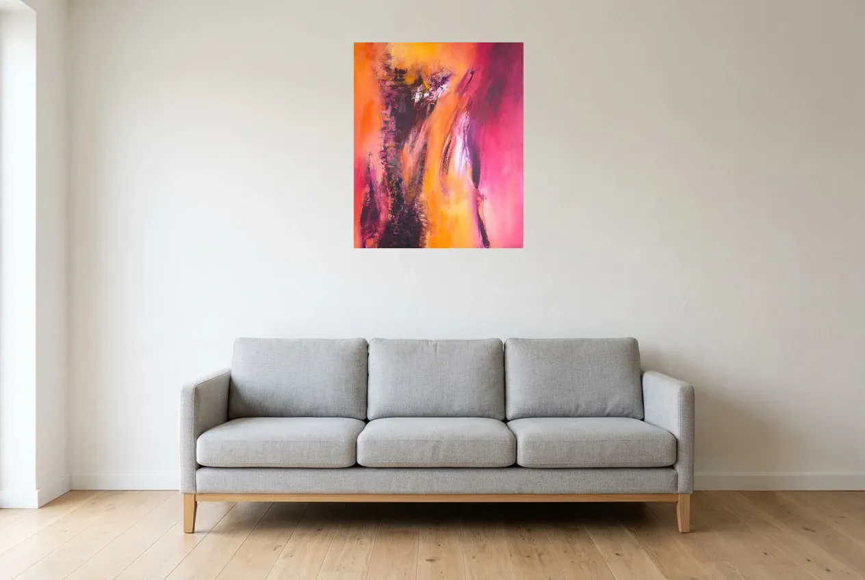 Tableau Abstrait Rouge 166 “Tour des Contrastes”, peinture originale à l'huile par Régine Gardan, 60 × 73 cm, tableau rouge accroché dans un salon