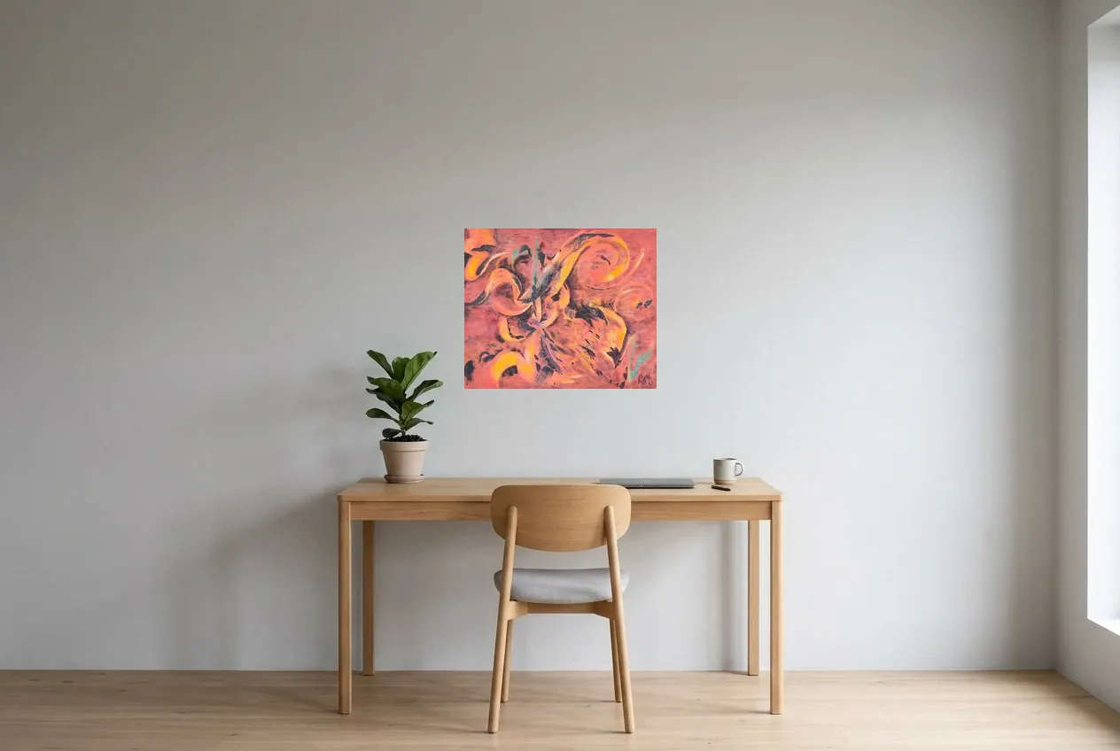 Tableau Abstrait Rouge 174 “Encre de Feu”, peinture originale à l'huile par Régine Gardan, 60 × 50 cm, tableau rouge accroché dans un bureau