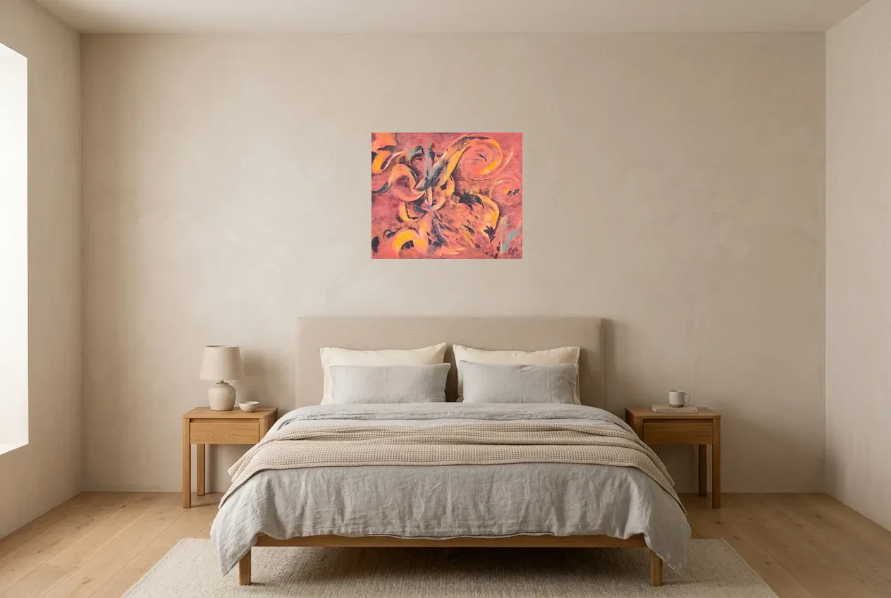 Tableau Abstrait Rouge 174 “Encre de Feu”, peinture originale à l'huile par Régine Gardan, 60 × 50 cm, tableau rouge accroché dans une chambre