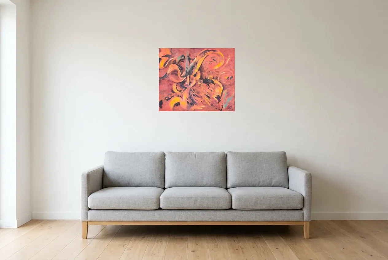 Tableau Abstrait Rouge 174 “Encre de Feu”, peinture originale à l'huile par Régine Gardan, 60 × 50 cm, tableau rouge accroché dans un salon
