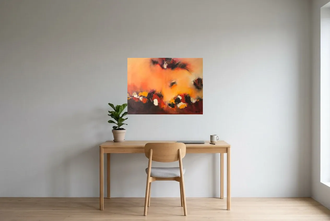 Tableau Abstrait Rouge 18 “Flamboyant”, peinture originale à l'huile par Régine Gardan, 80 × 60 cm, tableau rouge accroché dans un bureau