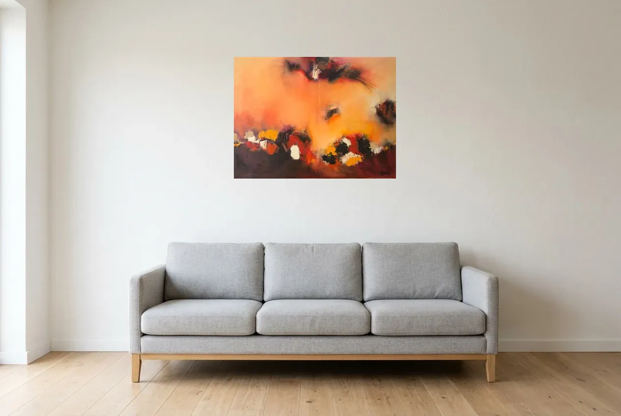 Tableau Abstrait Rouge 18 “Flamboyant”, peinture originale à l'huile par Régine Gardan, 80 × 60 cm, tableau rouge accroché dans un salon