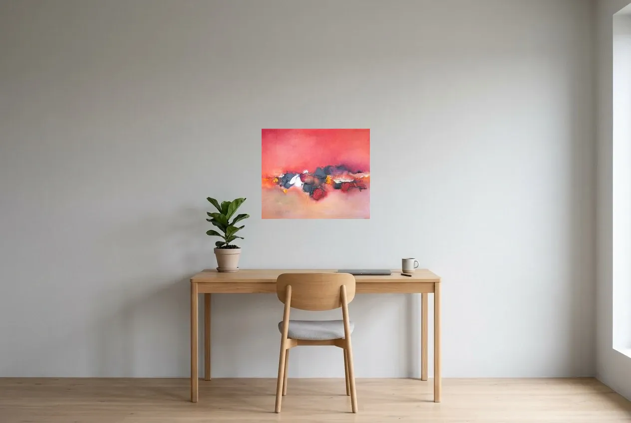 Tableau Abstrait Rouge 183 “Nuage”, peinture originale à l'huile par Régine Gardan, 60 × 50 cm, tableau rouge accroché dans un bureau
