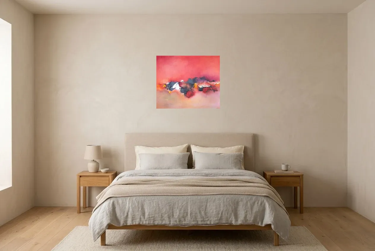 Tableau Abstrait Rouge 183 “Nuage”, peinture originale à l'huile par Régine Gardan, 60 × 50 cm, tableau rouge accroché dans une chambre