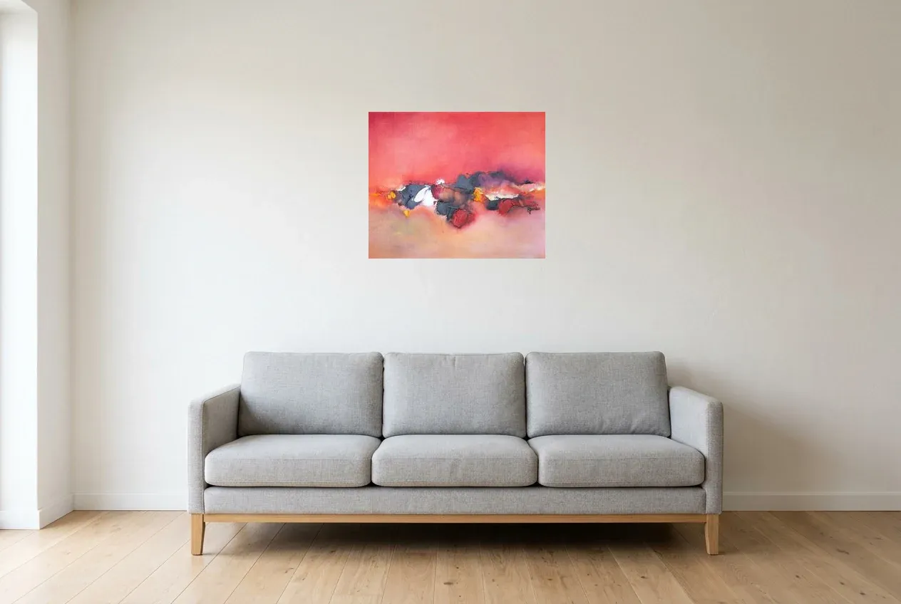 Tableau Abstrait Rouge 183 “Nuage”, peinture originale à l'huile par Régine Gardan, 60 × 50 cm, tableau rouge accroché dans un salon