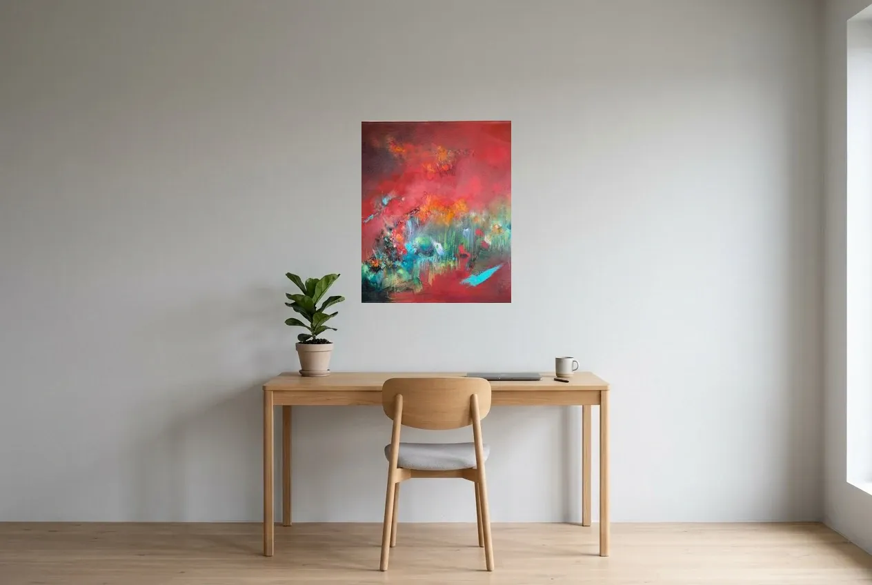 Tableau Abstrait Rouge 189 “Le Chemin”, peinture originale à l'huile par Régine Gardan, 60 × 73 cm, tableau rouge accroché dans un bureau