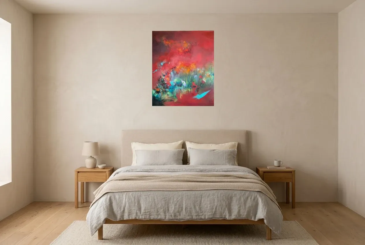 Tableau Abstrait Rouge 189 “Le Chemin”, peinture originale à l'huile par Régine Gardan, 60 × 73 cm, tableau rouge accroché dans une chambre