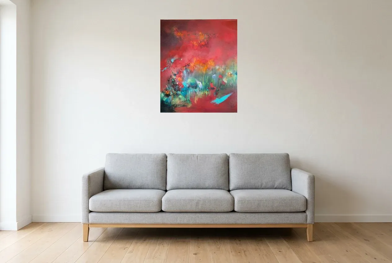 Tableau Abstrait Rouge 189 “Le Chemin”, peinture originale à l'huile par Régine Gardan, 60 × 73 cm, tableau rouge accroché dans un salon