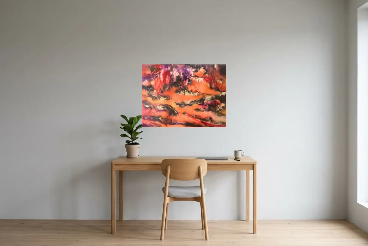 Tableau Abstrait Rouge 19 “Steppe”, peinture originale à l'huile par Régine Gardan, 80 × 60 cm, tableau rouge accroché dans un bureau