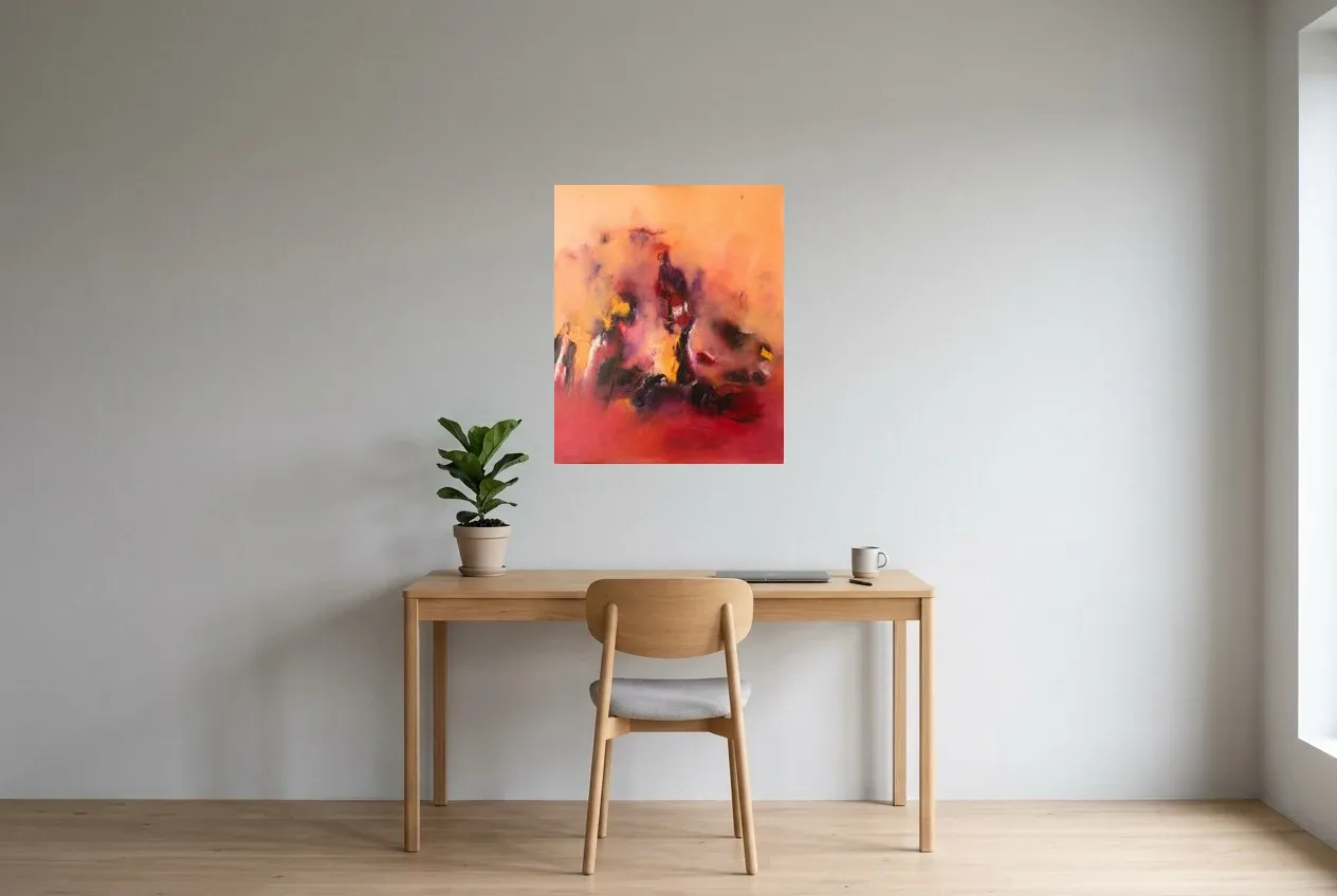 Tableau Abstrait Rouge 2 “Réconfort”, peinture originale à l'huile par Régine Gardan, 60 × 73 cm, tableau rouge accroché dans un bureau