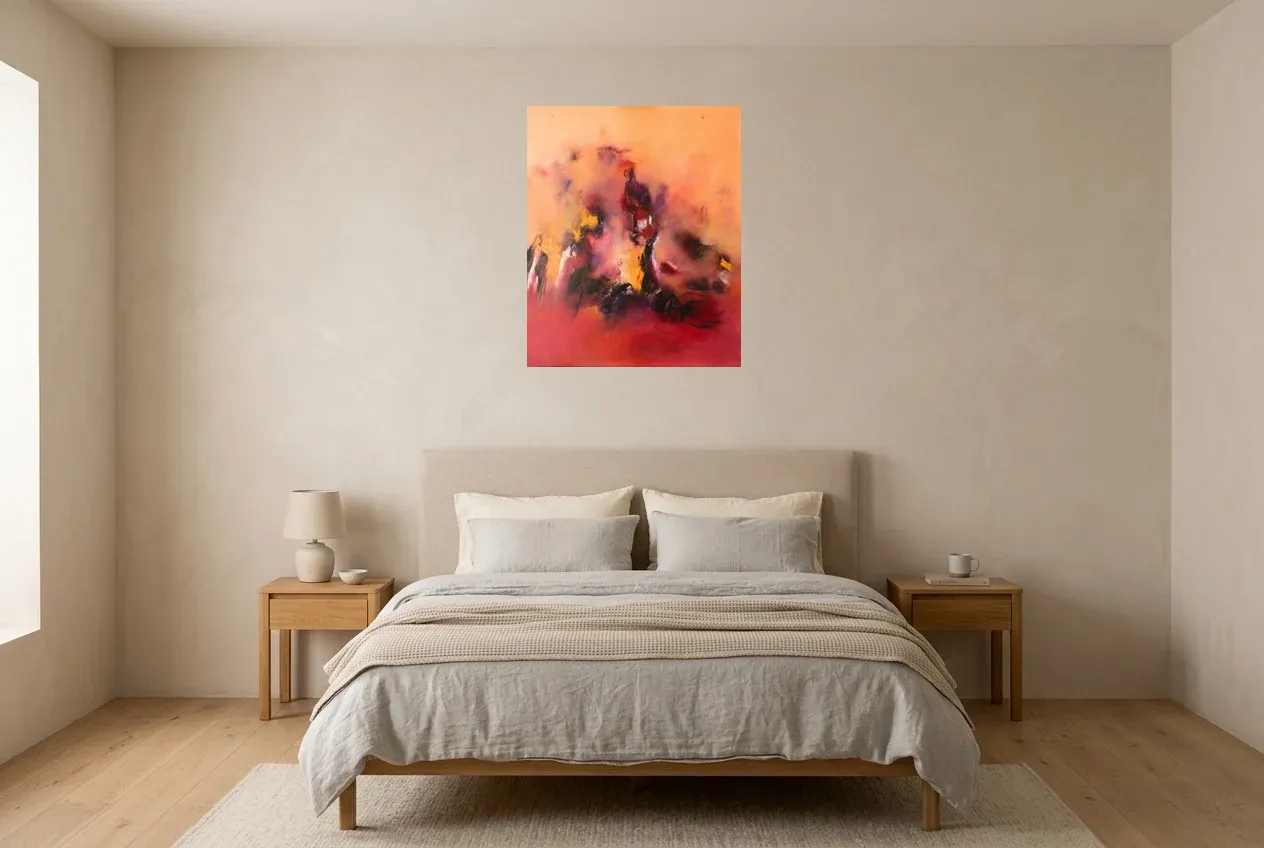 Tableau Abstrait Rouge 2 “Réconfort”, peinture originale à l'huile par Régine Gardan, 60 × 73 cm, tableau rouge accroché dans une chambre