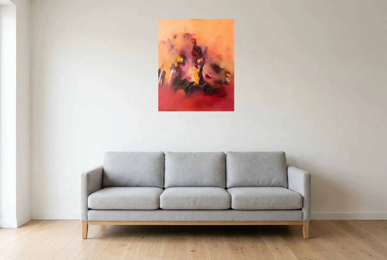 Tableau Abstrait Rouge 2 “Réconfort”, peinture originale à l'huile par Régine Gardan, 60 × 73 cm, tableau rouge accroché dans un salon