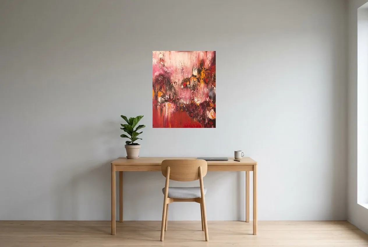 Tableau Abstrait Rouge 3 “Détachement”, peinture originale à l'huile par Régine Gardan, 60 × 73 cm, tableau rouge accroché dans un bureau