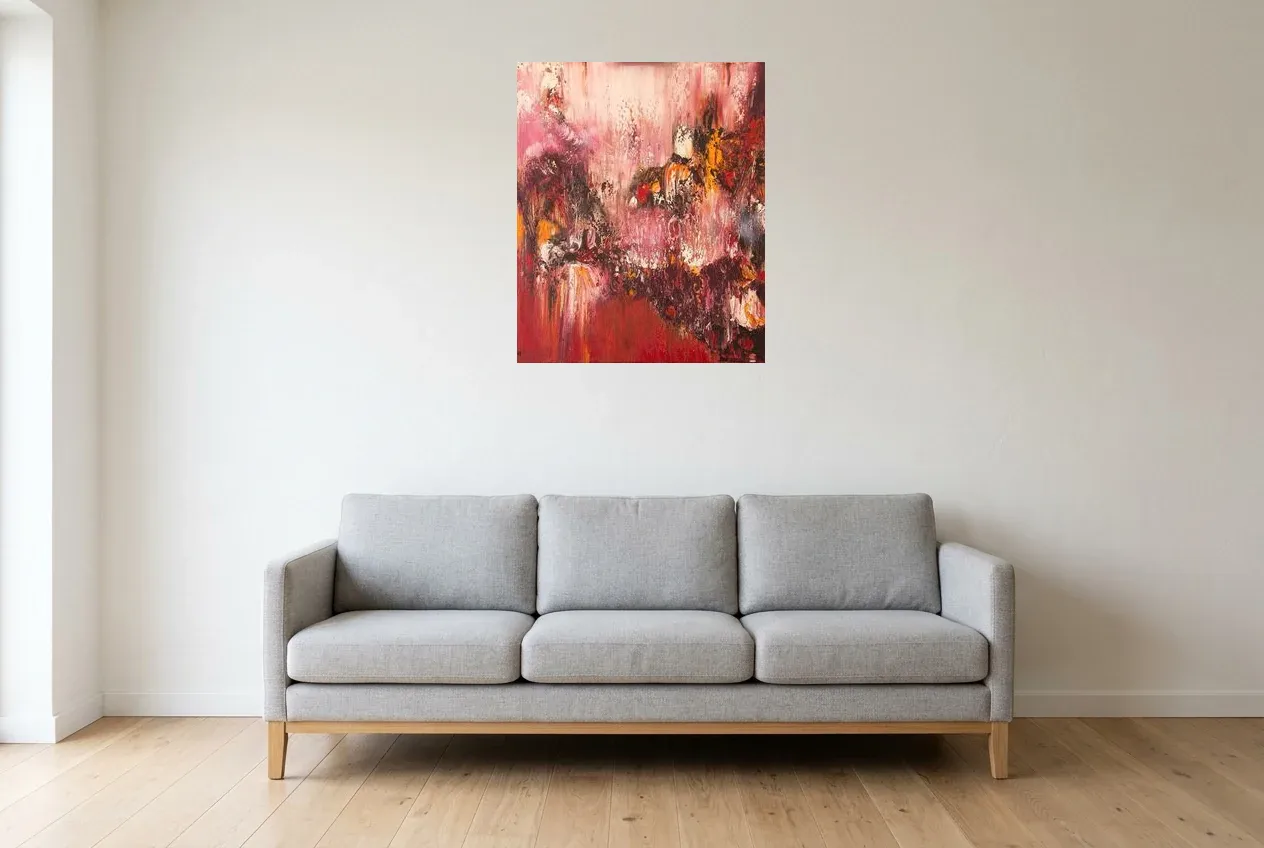 Tableau Abstrait Rouge 3 “Détachement”, peinture originale à l'huile par Régine Gardan, 60 × 73 cm, tableau rouge accroché dans un salon