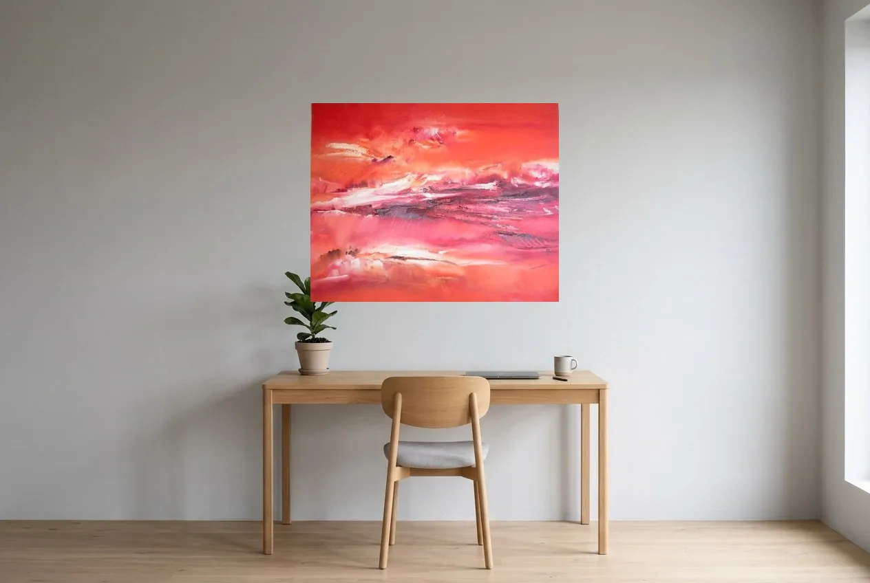 Tableau Abstrait Rouge 204 “Cardinal Rouge”, peinture originale à l'huile par Régine Gardan, 100 × 80 cm, tableau rouge accroché dans un bureau