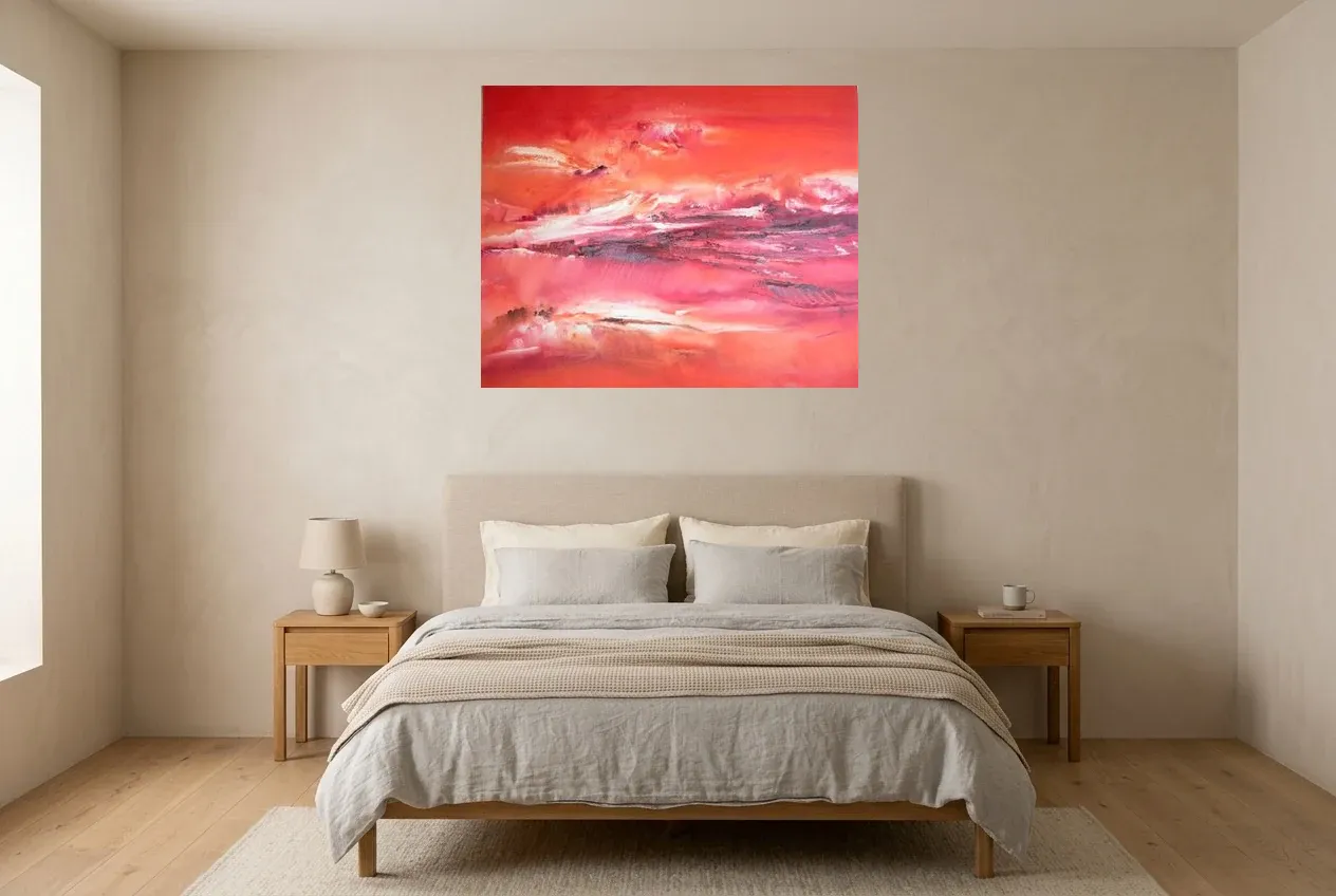 Tableau Abstrait Rouge 204 “Cardinal Rouge”, peinture originale à l'huile par Régine Gardan, 100 × 80 cm, tableau rouge accroché dans une chambre