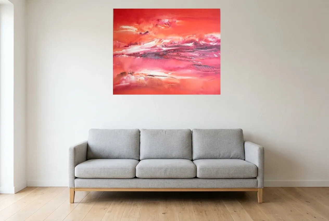 Tableau Abstrait Rouge 204 “Cardinal Rouge”, peinture originale à l'huile par Régine Gardan, 100 × 80 cm, tableau rouge accroché dans un salon