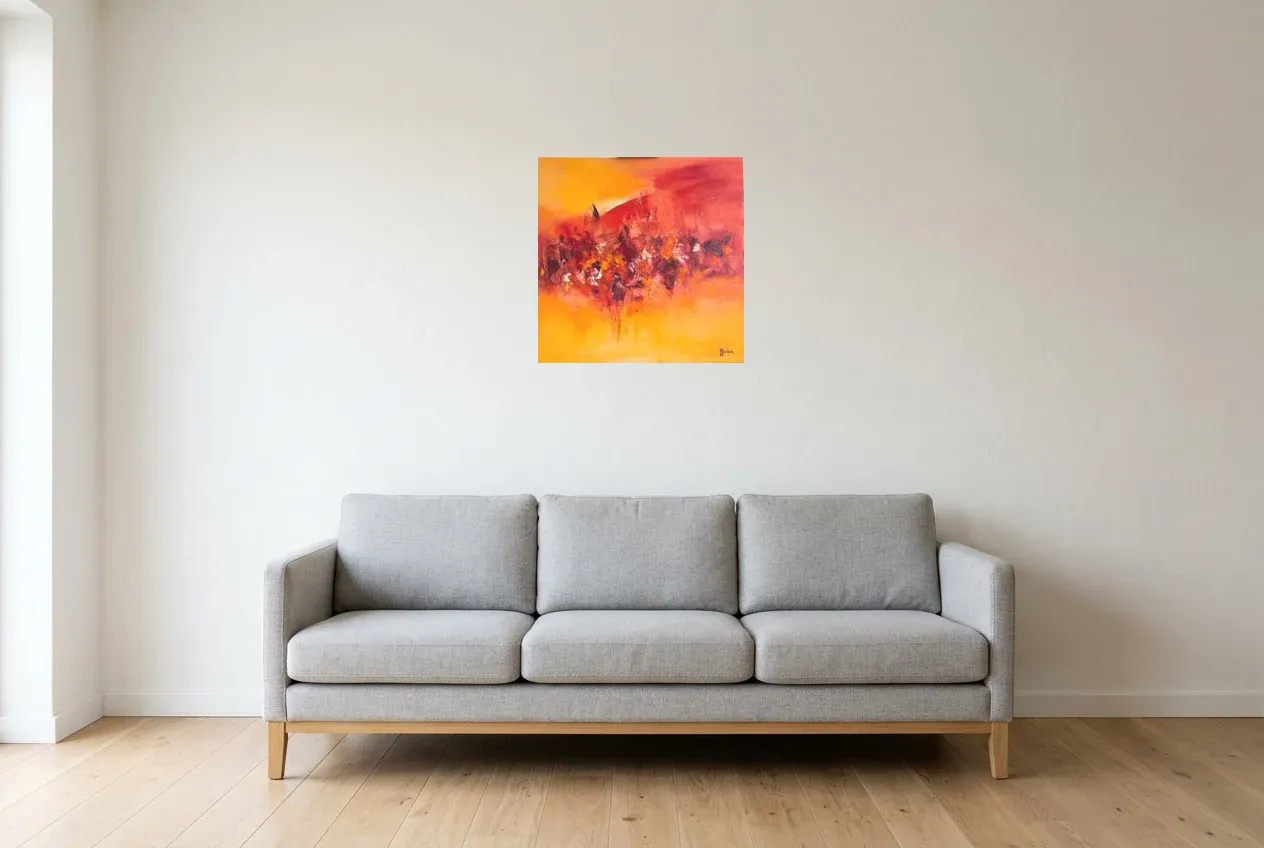 Tableau Abstrait Rouge 208 “Jaguar”, peinture originale à l'huile par Régine Gardan, 50 × 50 cm, tableau rouge accroché dans un salon