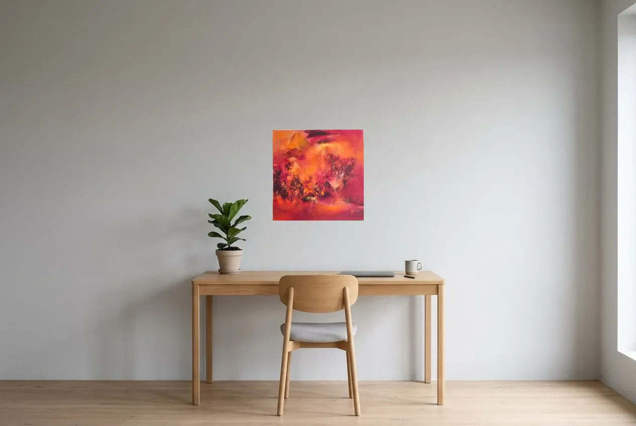 Tableau Abstrait Rouge 209 “Coquelicot”, peinture originale à l'huile par Régine Gardan, 50 × 50 cm, tableau rouge accroché dans un bureau