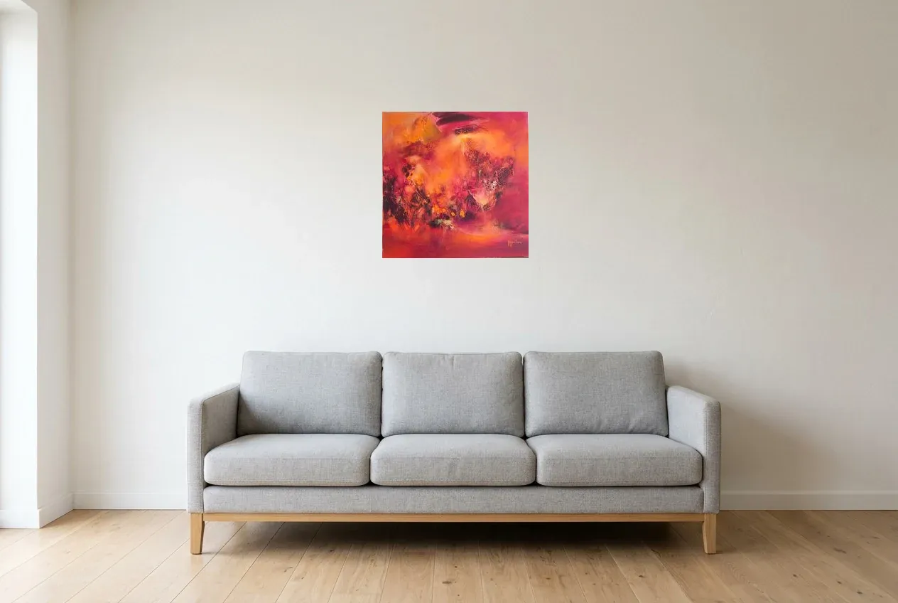Tableau Abstrait Rouge 209 “Coquelicot”, peinture originale à l'huile par Régine Gardan, 50 × 50 cm, tableau rouge accroché dans un salon