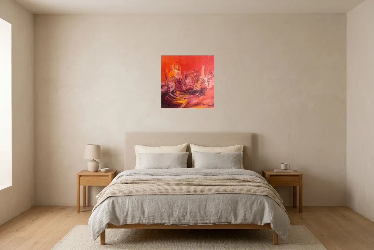 Tableau Abstrait Rouge 212 “Vibrations”, peinture originale à l'huile par Régine Gardan, 50 × 50 cm, tableau rouge accroché dans une chambre