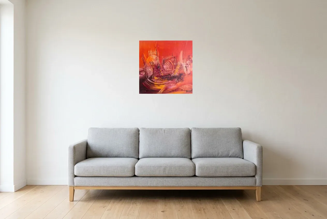 Tableau Abstrait Rouge 212 “Vibrations”, peinture originale à l'huile par Régine Gardan, 50 × 50 cm, tableau rouge accroché dans un salon