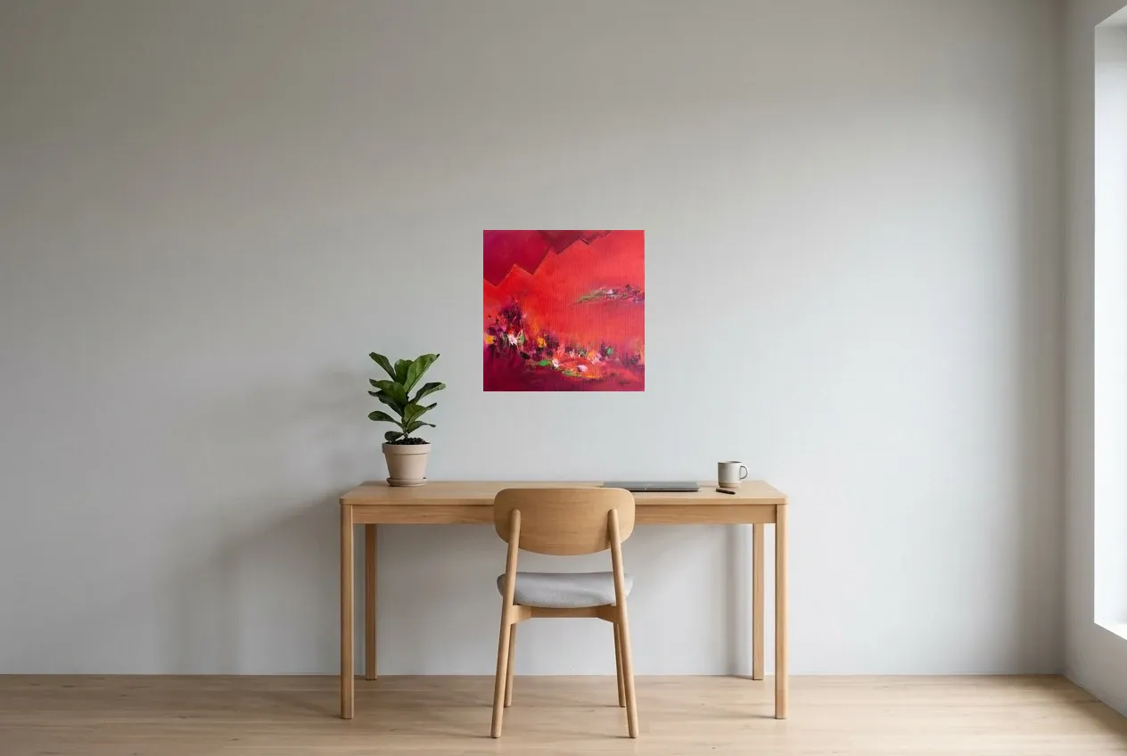 Tableau Abstrait Rouge 213 “Le Miroir”, peinture originale à l'huile par Régine Gardan, 50 × 50 cm, tableau rouge accroché dans un bureau