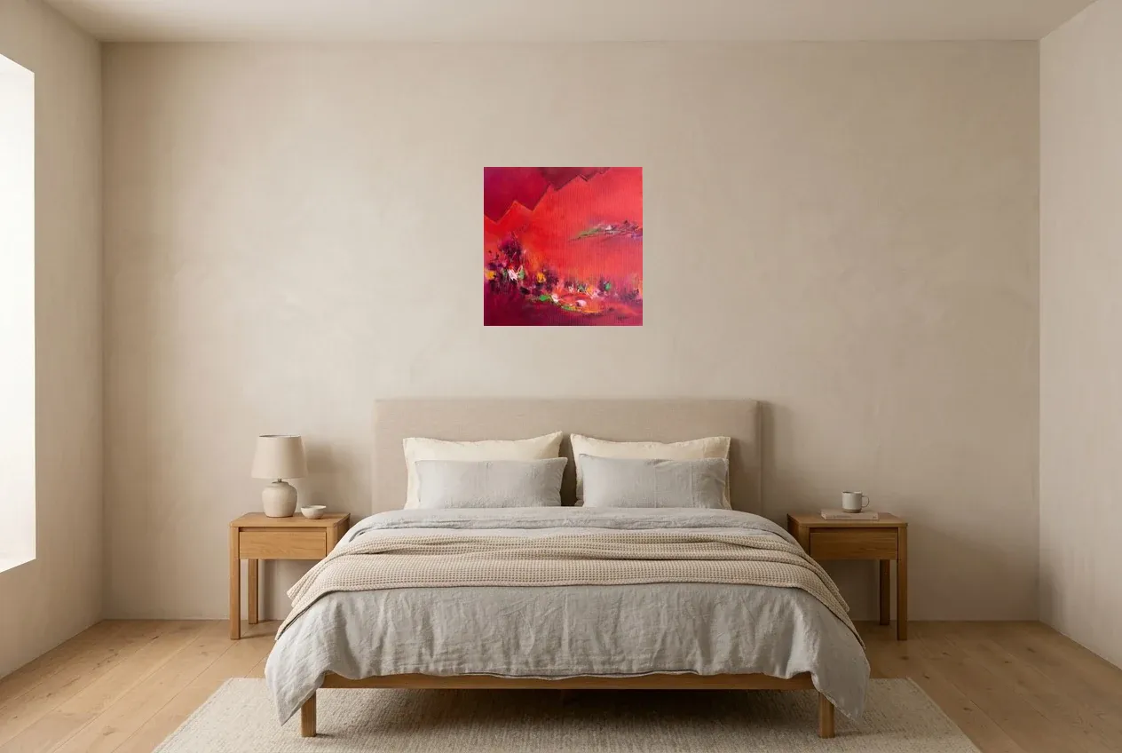 Tableau Abstrait Rouge 213 “Le Miroir”, peinture originale à l'huile par Régine Gardan, 50 × 50 cm, tableau rouge accroché dans une chambre