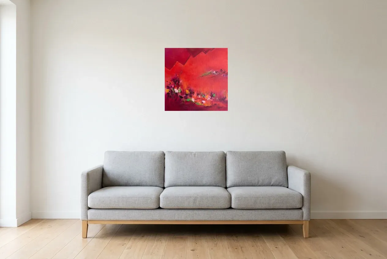 Tableau Abstrait Rouge 213 “Le Miroir”, peinture originale à l'huile par Régine Gardan, 50 × 50 cm, tableau rouge accroché dans un salon