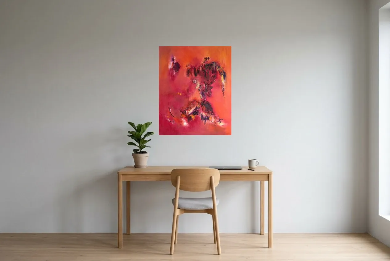 Tableau Abstrait Rouge 216 “Equis”, peinture originale à l'huile par Régine Gardan, 65 × 80 cm, tableau rouge accroché dans un bureau