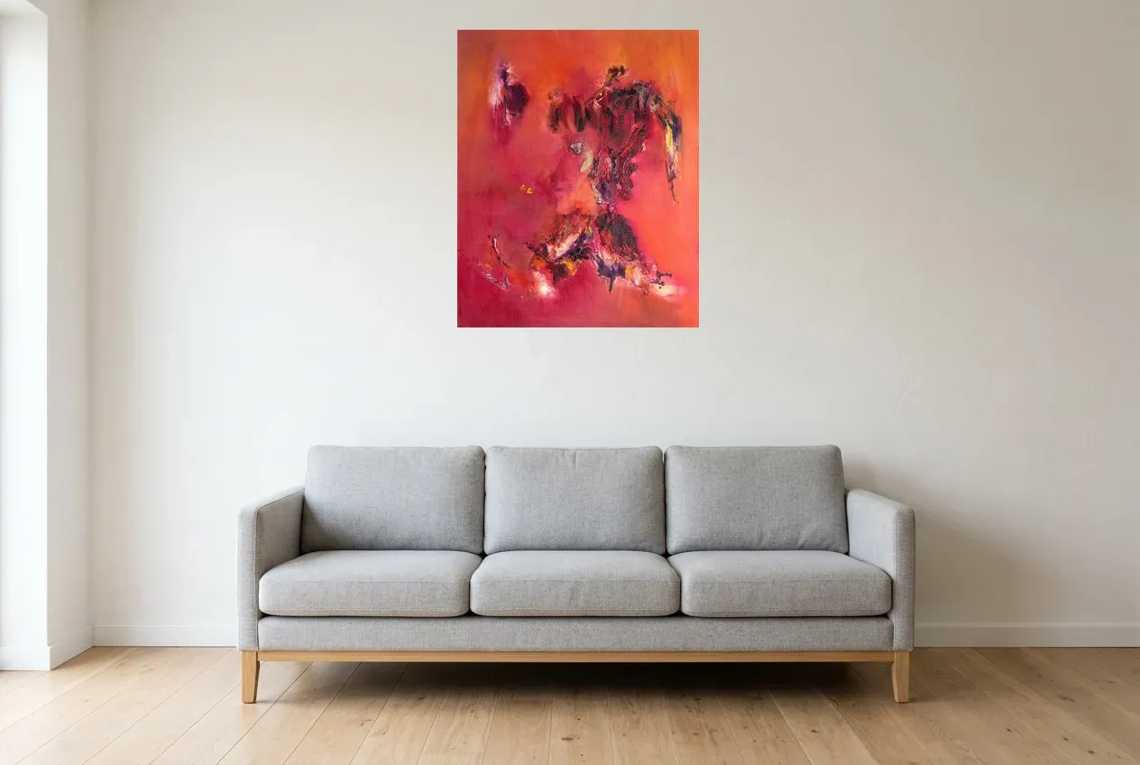 Tableau Abstrait Rouge 216 “Equis”, peinture originale à l'huile par Régine Gardan, 65 × 80 cm, tableau rouge accroché dans un salon