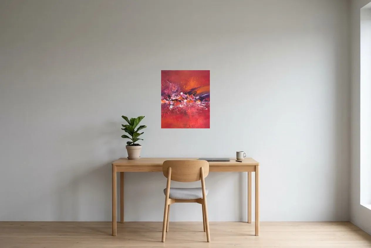 Tableau Abstrait Rouge 219 “Intensité”, peinture originale à l'huile par Régine Gardan, 46 × 55 cm, tableau rouge accroché dans un bureau