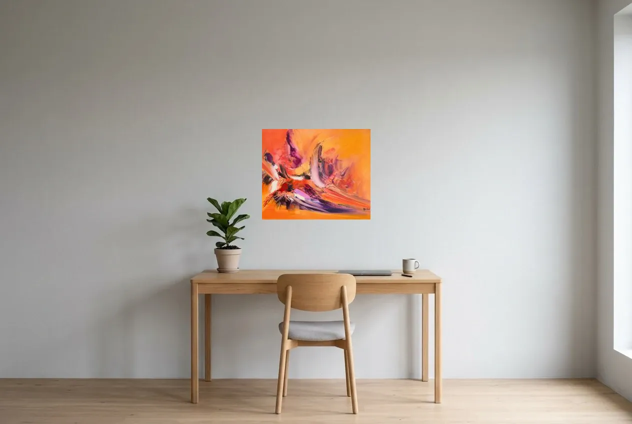 Tableau Abstrait Rouge 225 “Perroquet”, peinture originale à l'huile par Régine Gardan, 60 × 50 cm, tableau rouge accroché dans un bureau