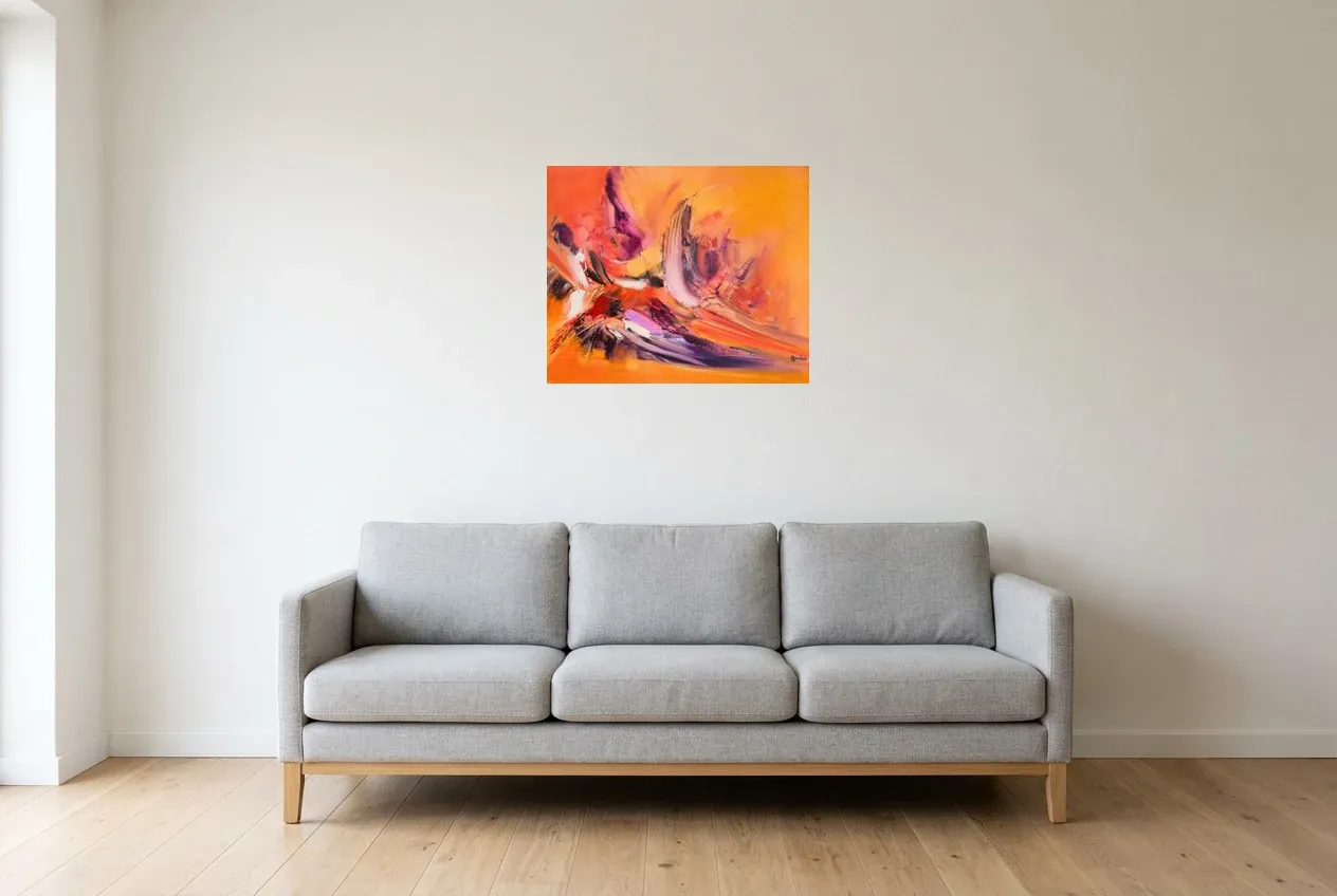 Tableau Abstrait Rouge 225 “Perroquet”, peinture originale à l'huile par Régine Gardan, 60 × 50 cm, tableau rouge accroché dans un salon