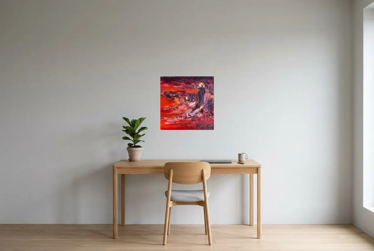 Tableau Abstrait Rouge 227 “Lave”, peinture originale à l'huile par Régine Gardan, 50 × 50 cm, tableau rouge accroché dans un bureau