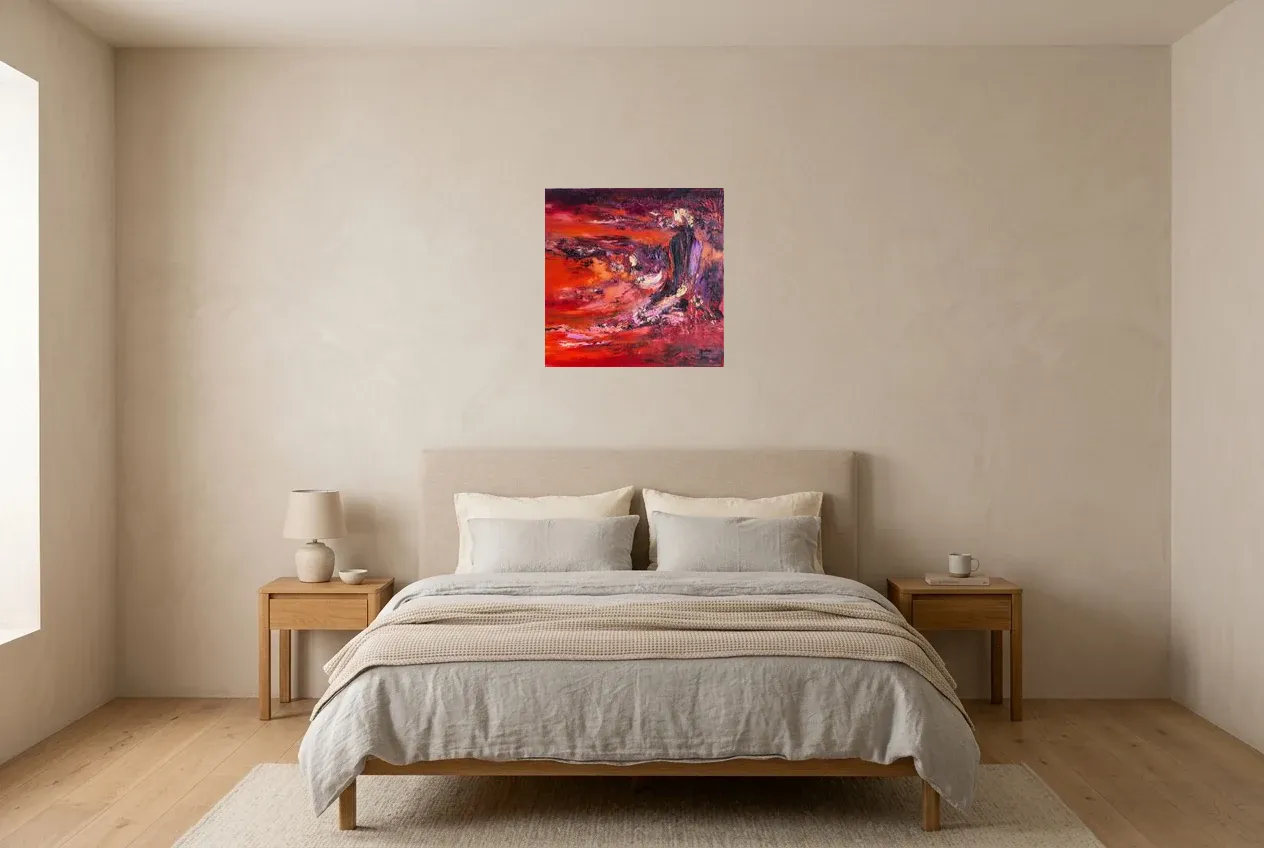 Tableau Abstrait Rouge 227 “Lave”, peinture originale à l'huile par Régine Gardan, 50 × 50 cm, tableau rouge accroché dans une chambre