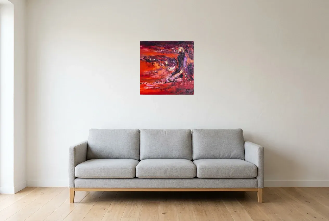 Tableau Abstrait Rouge 227 “Lave”, peinture originale à l'huile par Régine Gardan, 50 × 50 cm, tableau rouge accroché dans un salon