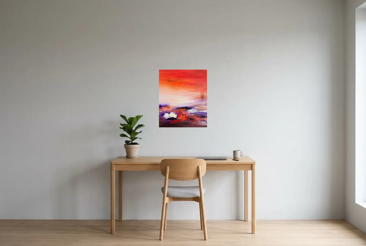 Tableau Abstrait Rouge 228 “Passiflore”, peinture originale à l'huile par Régine Gardan, 46 × 55 cm, tableau rouge accroché dans un bureau