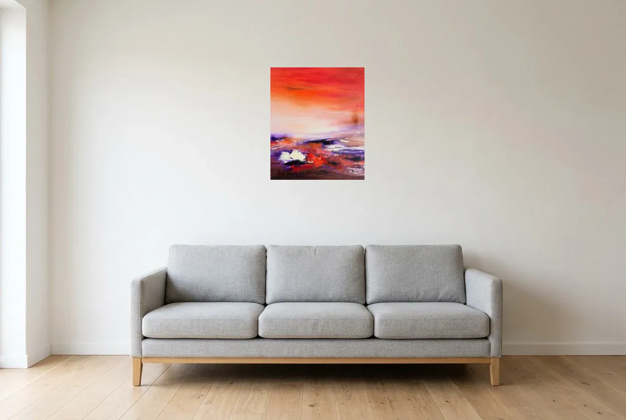 Tableau Abstrait Rouge 228 “Passiflore”, peinture originale à l'huile par Régine Gardan, 46 × 55 cm, tableau rouge accroché dans un salon