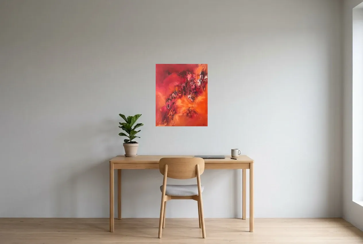 Tableau Abstrait Rouge 25 “Énergie”, peinture originale à l'huile par Régine Gardan, 50 × 60 cm, tableau rouge accroché dans un bureau