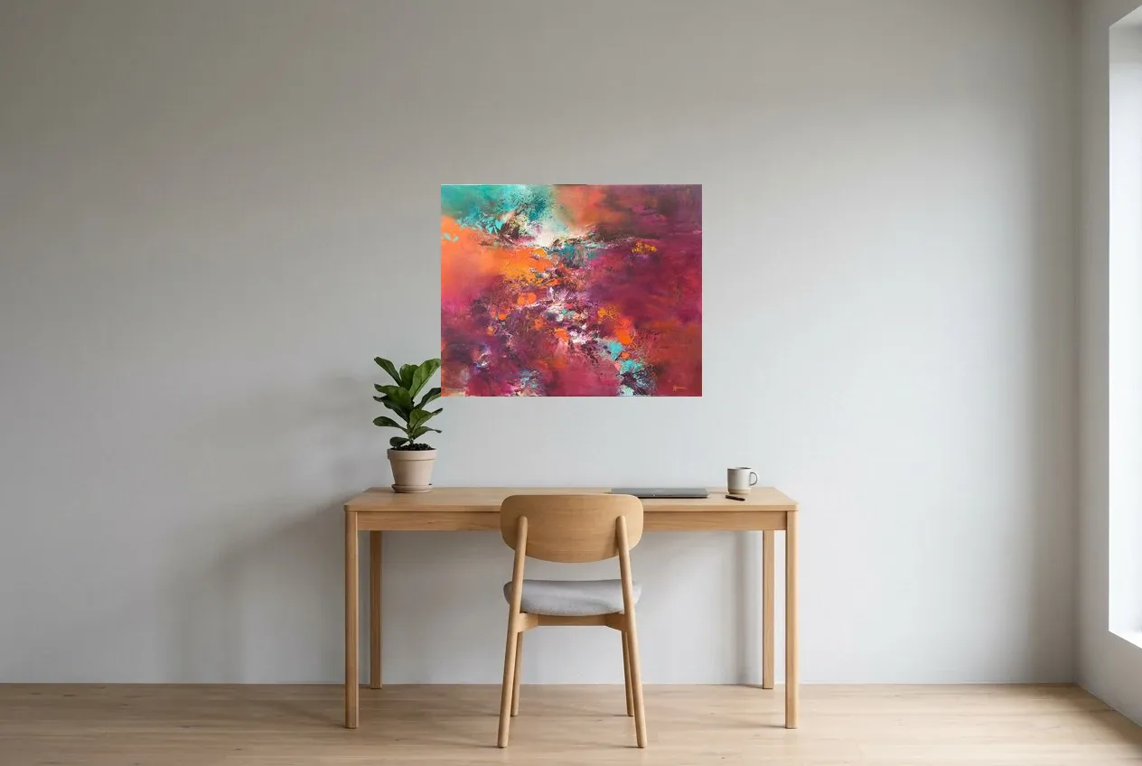 Tableau Abstrait Rouge 27 “Plénitude”, peinture originale à l'huile par Régine Gardan, 80 × 65 cm, tableau rouge accroché dans un bureau