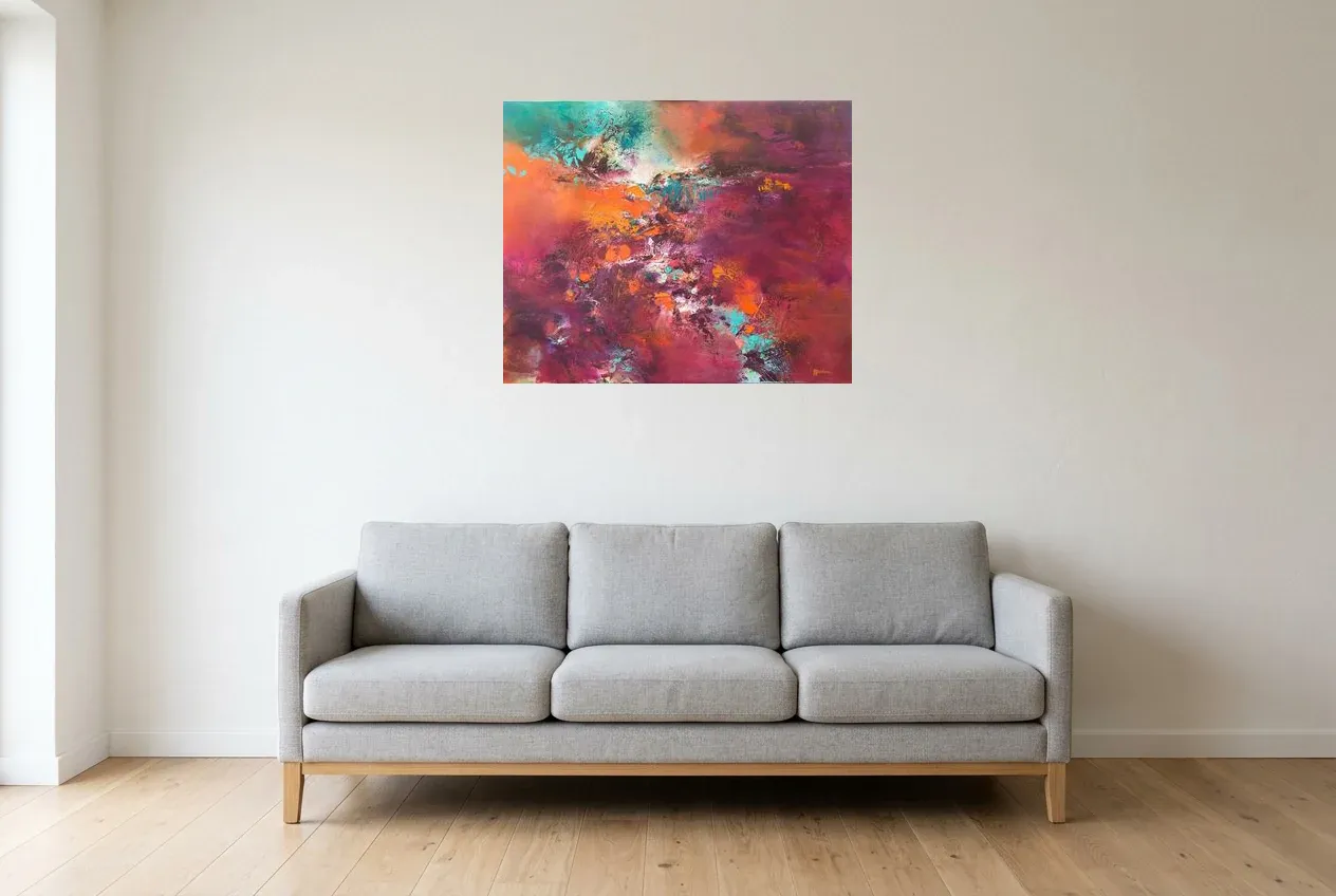 Tableau Abstrait Rouge 27 “Plénitude”, peinture originale à l'huile par Régine Gardan, 80 × 65 cm, tableau rouge accroché dans un salon