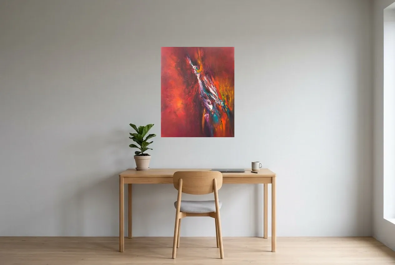 Tableau Abstrait Rouge 28 “Faille”, peinture originale à l'huile par Régine Gardan, 65 × 80 cm, tableau rouge accroché dans un bureau