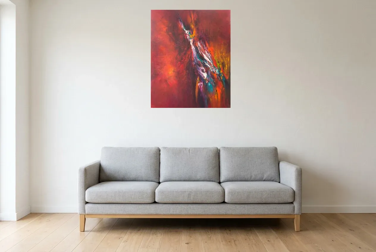 Tableau Abstrait Rouge 28 “Faille”, peinture originale à l'huile par Régine Gardan, 65 × 80 cm, tableau rouge accroché dans un salon