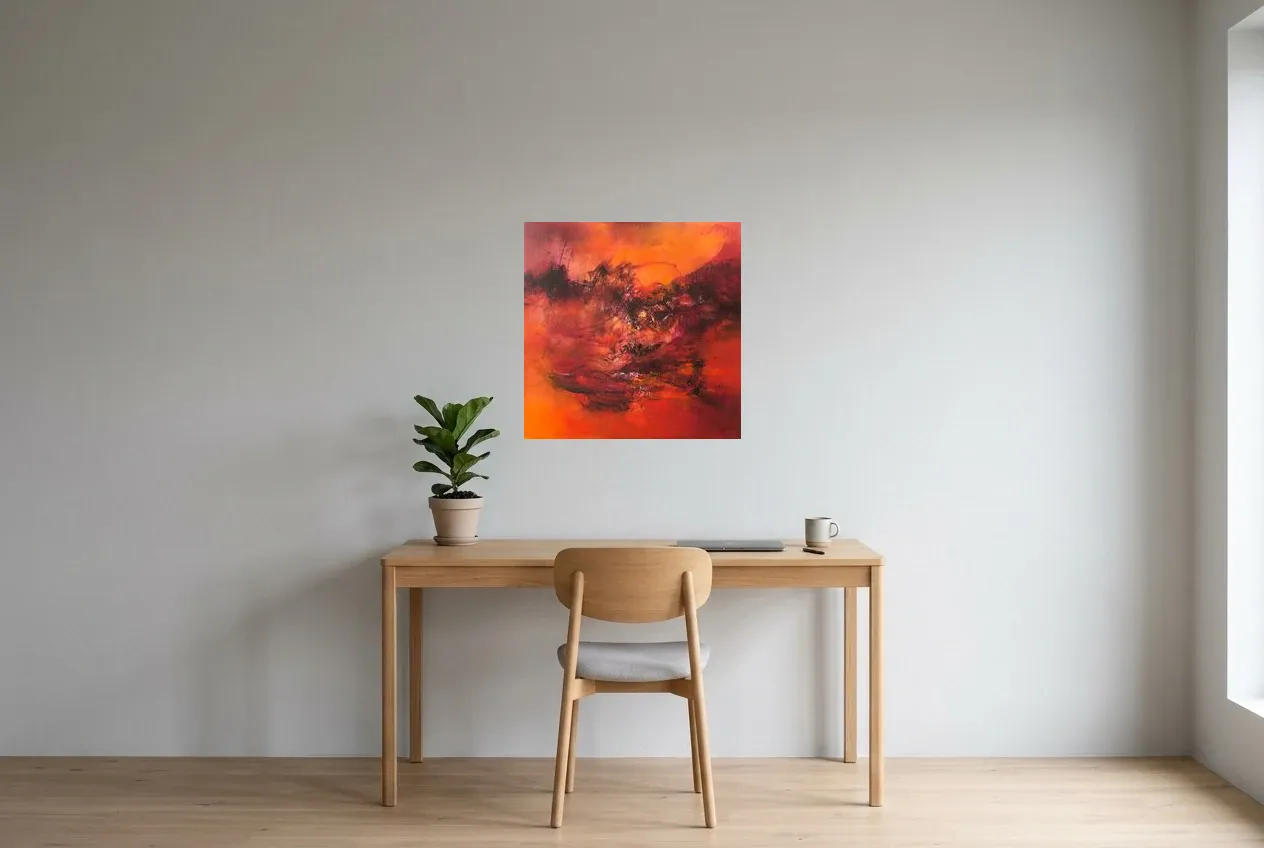 Tableau Abstrait Rouge 33 “Ombre”, peinture originale à l'huile par Régine Gardan, 60 × 60 cm, tableau rouge accroché dans un bureau